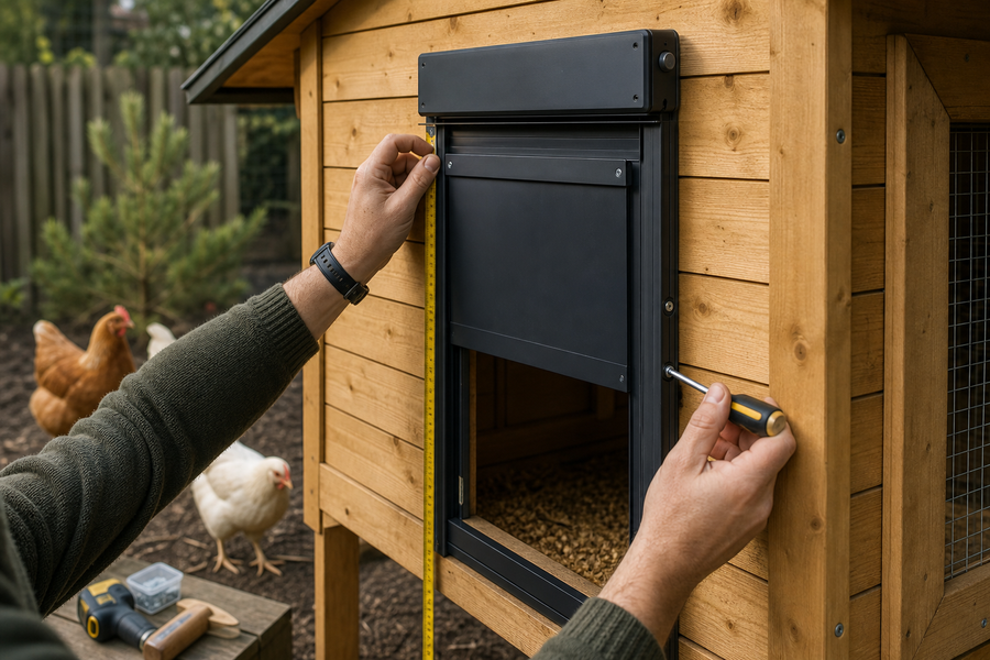 Automatisch kippenluik nauwkeurig monteren op een houten kippenhok