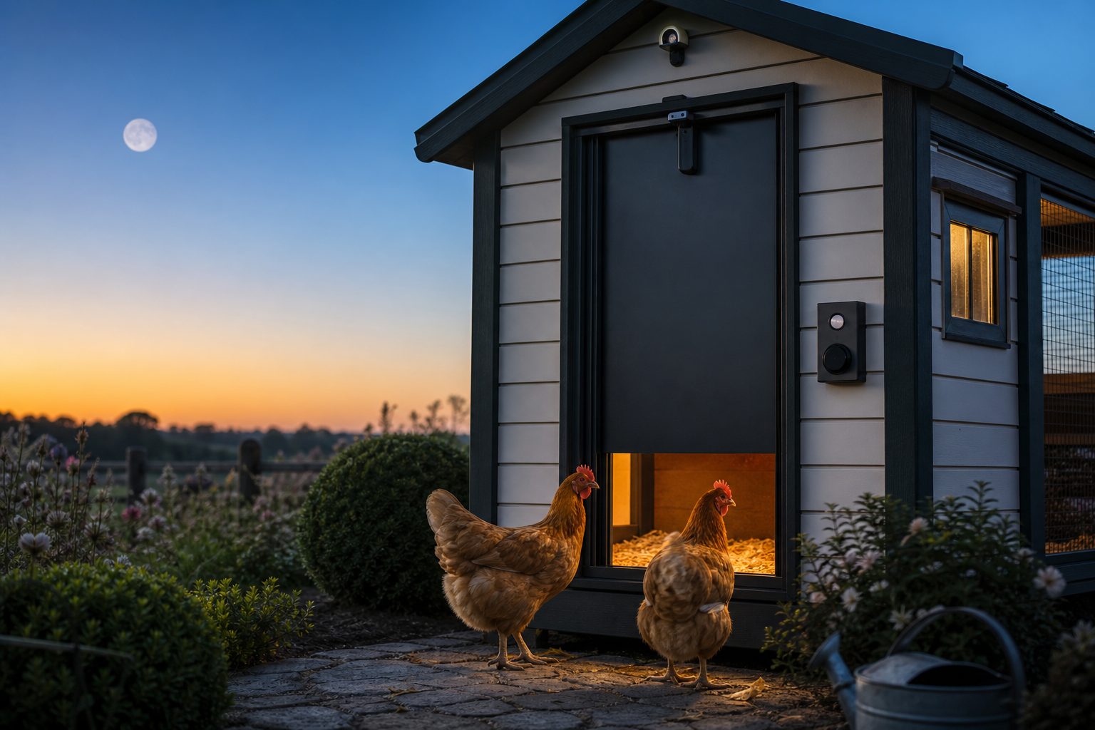 Automatisch kippenluik met lichtsensor tijdens de overgang van nacht naar ochtend