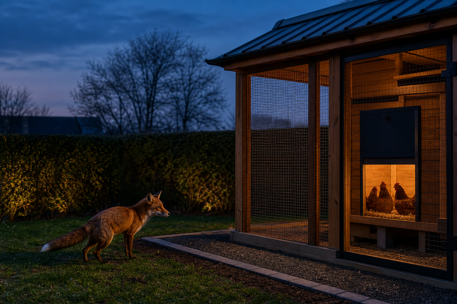 Vos buiten een veilig afgesloten kippenhok in de schemering
