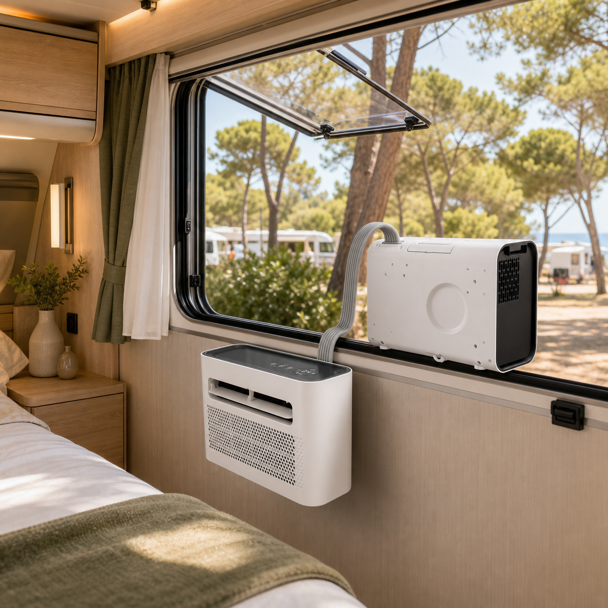 Mobiele split airco bij een caravan op een zomerse camping
