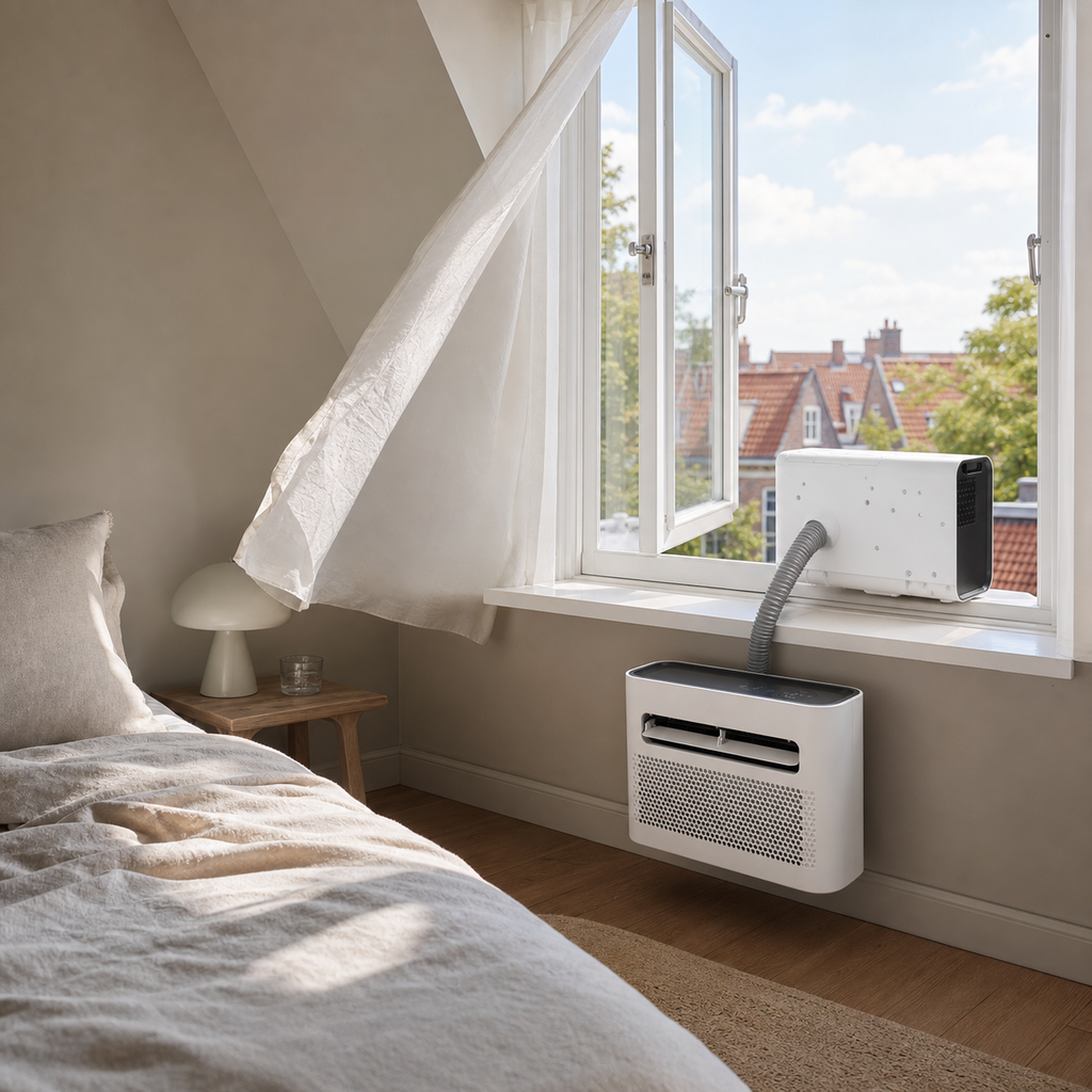 Mobiele split airco in een compacte lichte slaapkamer