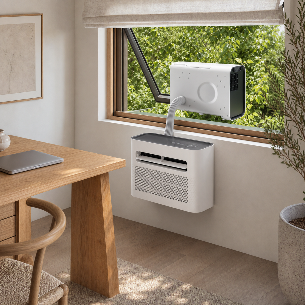 Mobiele split airco in een modern compact tuinkantoor