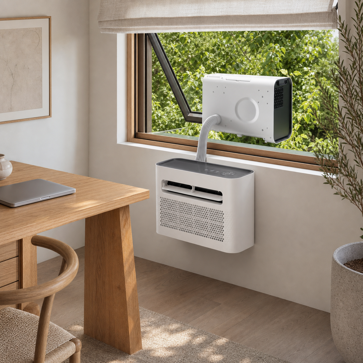 Mobiele split airco in een modern compact tuinkantoor